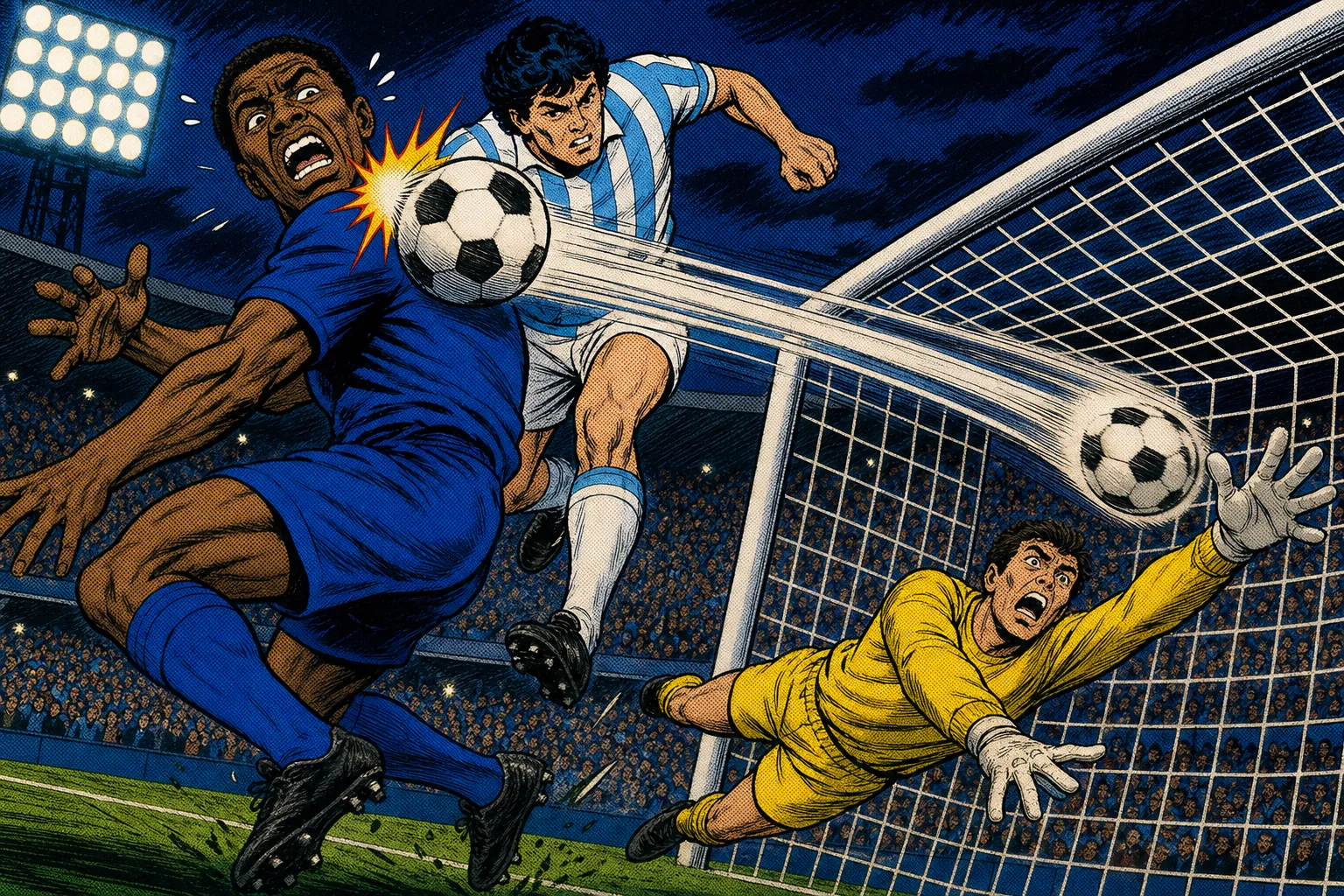 Comic book style illustration of an anguished defender in blue watching a ball deflect into his own net