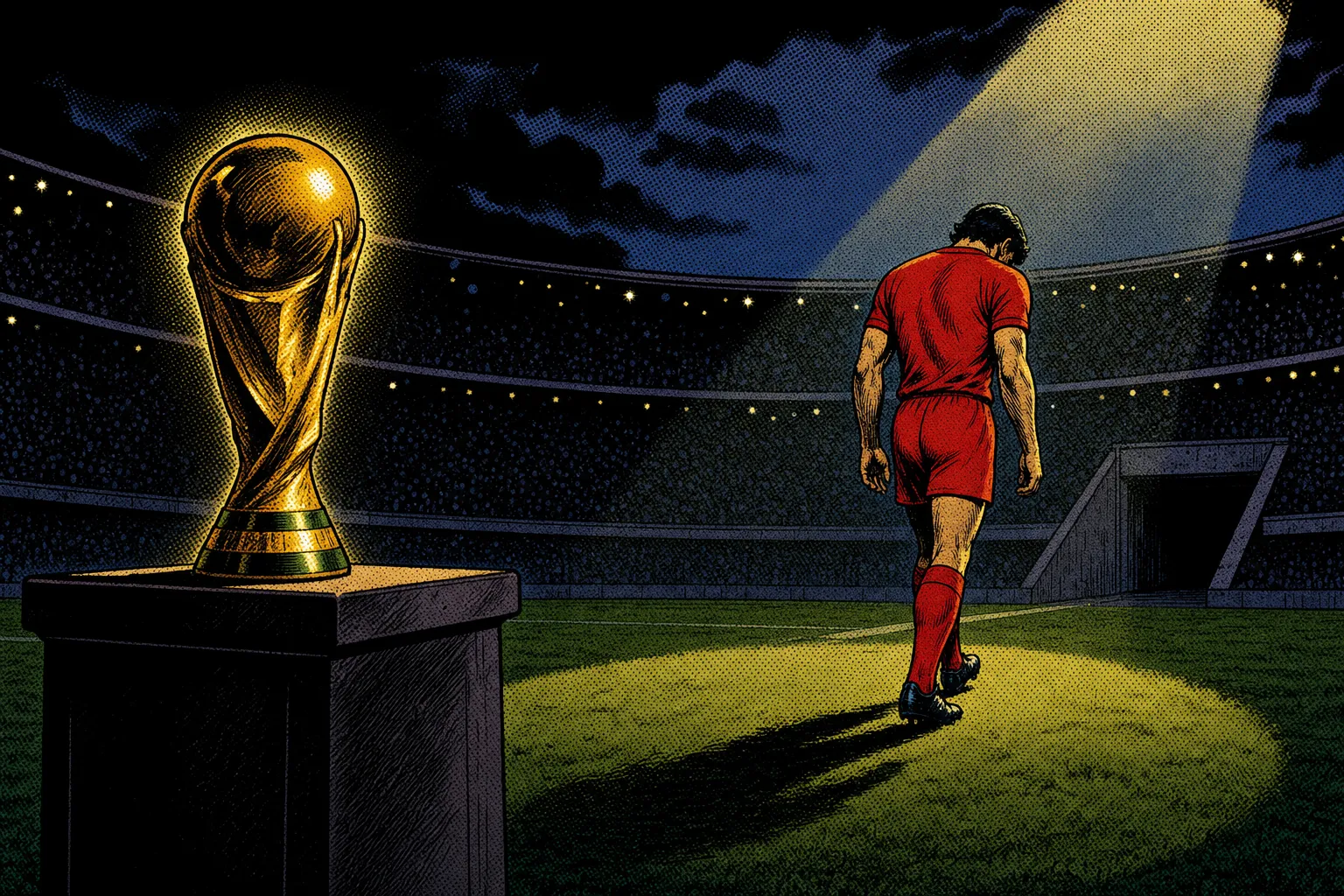 Comic book style illustration of a veteran soccer player in a plain red kit walking away toward a stadium tunnel, head bowed, a golden trophy glowing on a pedestal behind him
