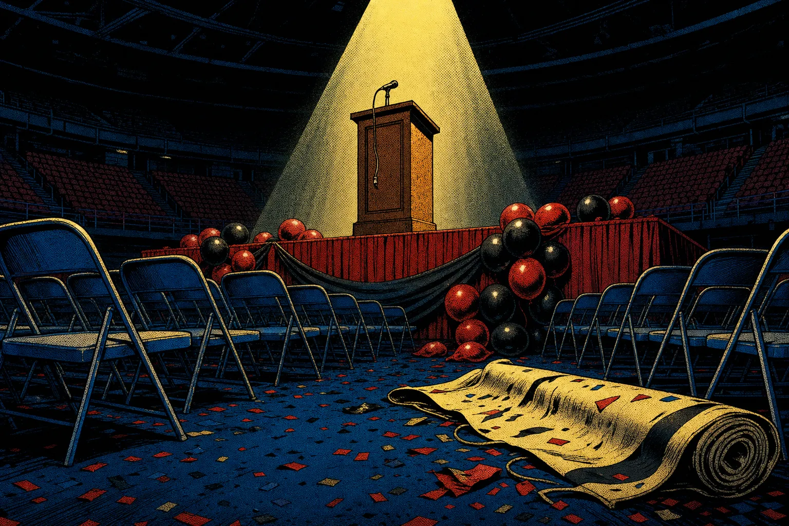 Comic book style illustration of an empty press conference stage inside a dark arena, a single spotlight on a bare wooden podium with a mounted microphone, rows of vacant folding chairs, clusters of red and black balloons at the stage skirt, scattered confetti and a rolled-up carpet lying in the foreground