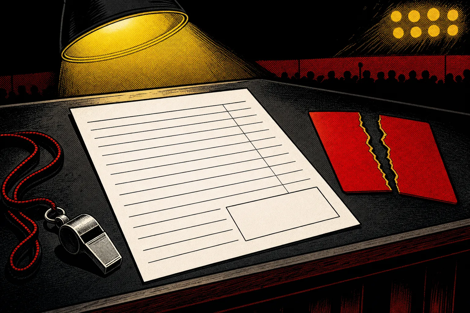 Comic-style illustration of an oversized blank invoice with an empty amount box on a referee's table, spotlit, with a torn red card beside it. No readable text. Not a portrait of any real person.
