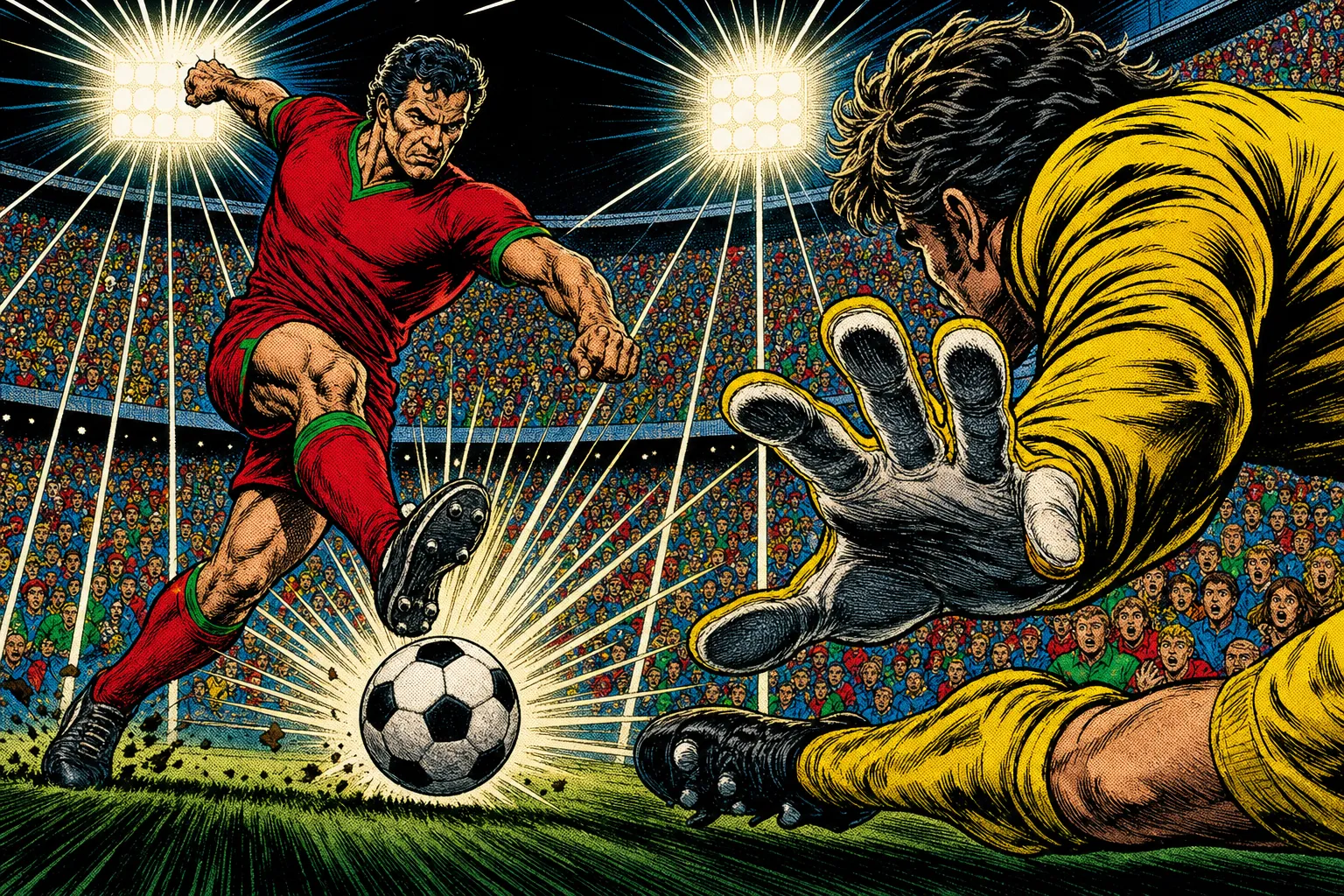 Comic book style illustration of a veteran striker hitting a penalty kick as a giant goalkeeper stretches across the goal