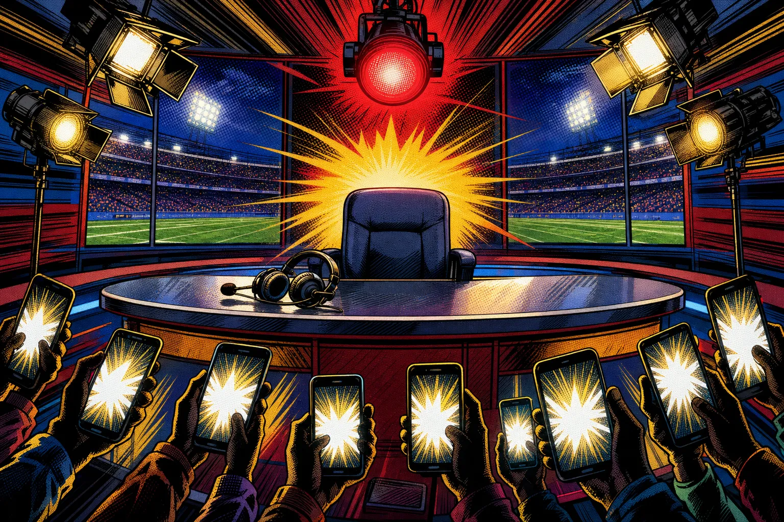 Comic book style illustration of an empty sports broadcast anchor chair under a glowing red on-air light, headset left on the desk, smartphone screens lighting up in the foreground