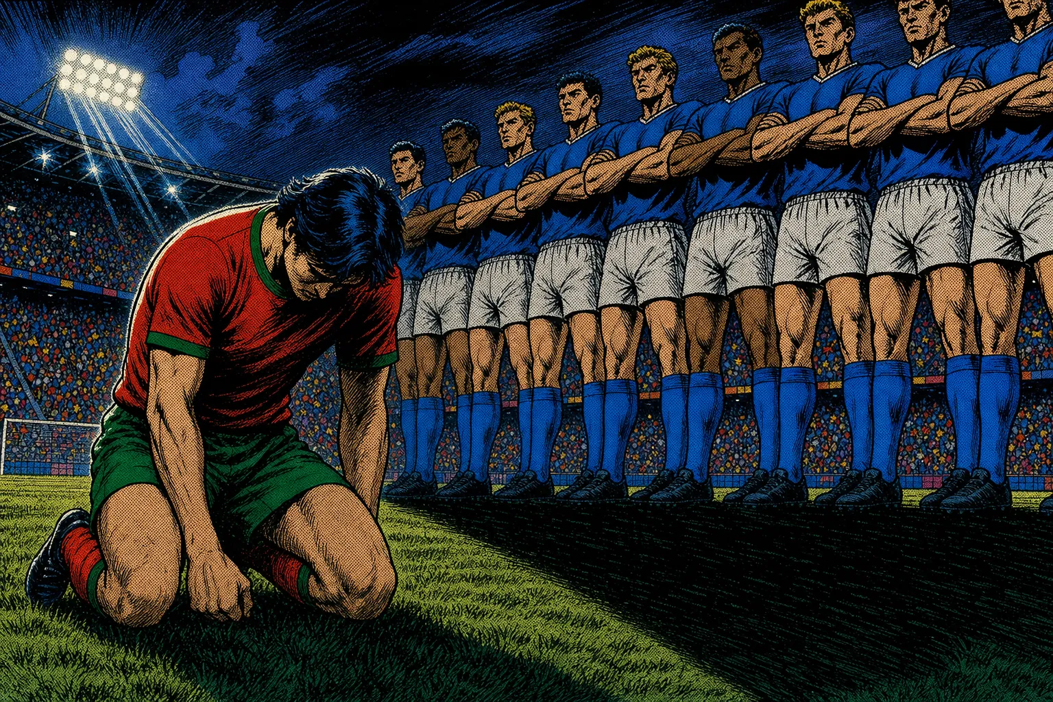 Comic book style illustration of a soccer player in red and green kneeling in despair before a towering wall of blue-shirted players in a packed stadium